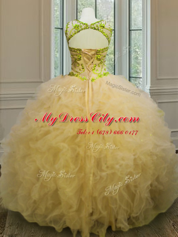 Light Yellow Quinceanera Gowns Military Ball and Sweet 16 and Quinceanera and For with Beading and Ruffles Scoop Sleeveless Lace Up