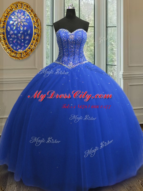 Royal Blue Lace Up Vestidos de Quinceanera Beading and Sequins Sleeveless Floor Length