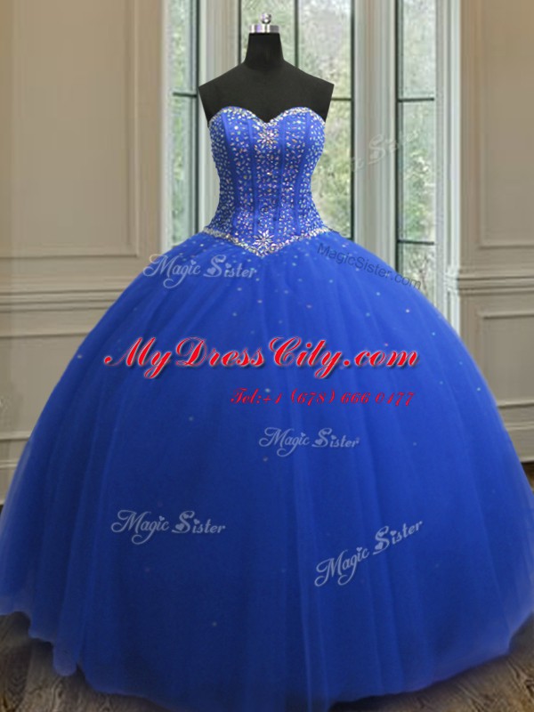 Royal Blue Lace Up Vestidos de Quinceanera Beading and Sequins Sleeveless Floor Length