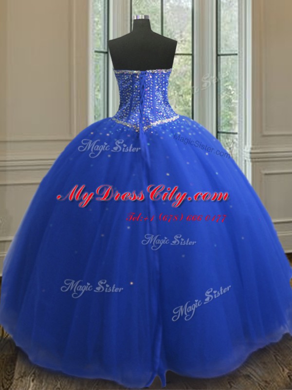 Royal Blue Lace Up Vestidos de Quinceanera Beading and Sequins Sleeveless Floor Length