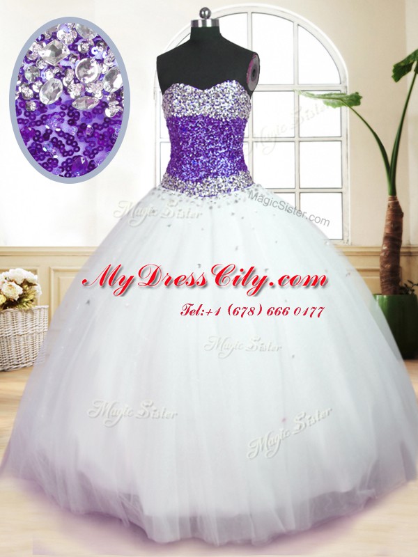 Chic White And Purple Ball Gowns Sweetheart Sleeveless Tulle Floor Length Lace Up Beading Ball Gown Prom Dress