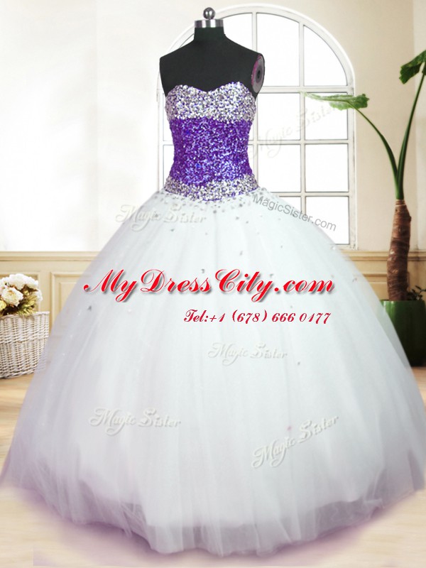 Chic White And Purple Ball Gowns Sweetheart Sleeveless Tulle Floor Length Lace Up Beading Ball Gown Prom Dress