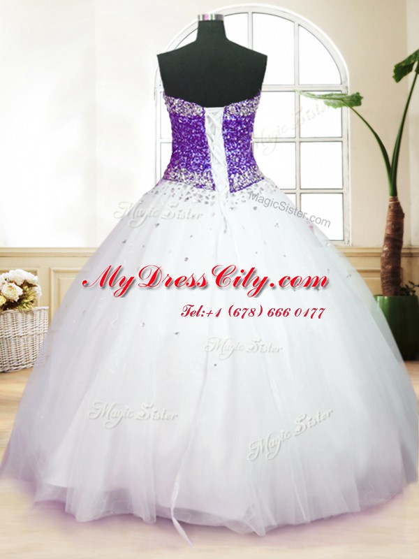 Chic White And Purple Ball Gowns Sweetheart Sleeveless Tulle Floor Length Lace Up Beading Ball Gown Prom Dress