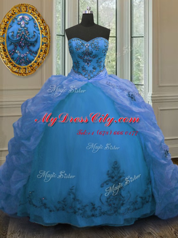 Blue Organza Lace Up Quince Ball Gowns Sleeveless With Train Court Train Beading and Embroidery and Pick Ups