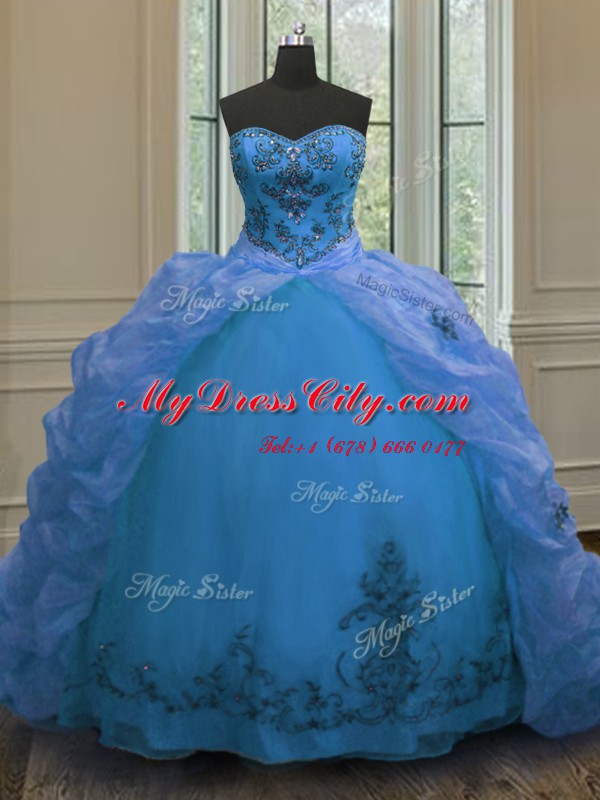 Blue Organza Lace Up Quince Ball Gowns Sleeveless With Train Court Train Beading and Embroidery and Pick Ups