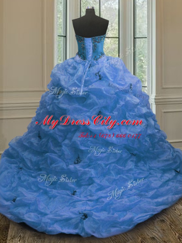 Blue Organza Lace Up Quince Ball Gowns Sleeveless With Train Court Train Beading and Embroidery and Pick Ups