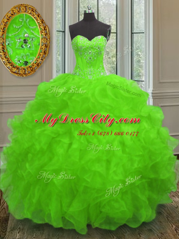 Captivating Sweetheart Sleeveless Quince Ball Gowns Floor Length Beading and Embroidery and Ruffles Organza