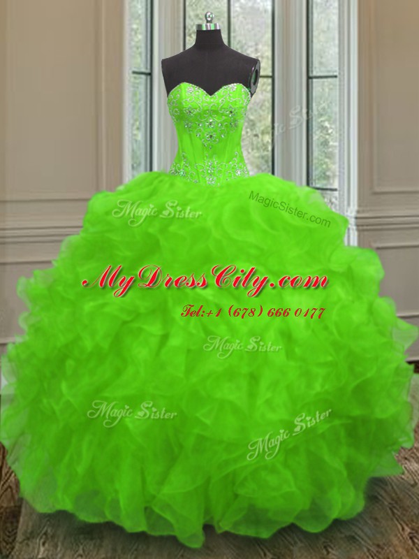 Captivating Sweetheart Sleeveless Quince Ball Gowns Floor Length Beading and Embroidery and Ruffles Organza