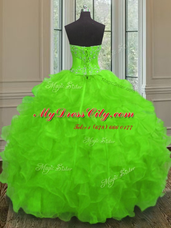 Captivating Sweetheart Sleeveless Quince Ball Gowns Floor Length Beading and Embroidery and Ruffles Organza