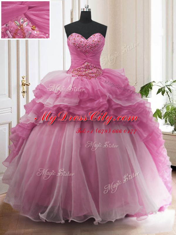 Sweetheart Sleeveless Ball Gown Prom Dress With Train Sweep Train Beading and Ruffled Layers Rose Pink Organza