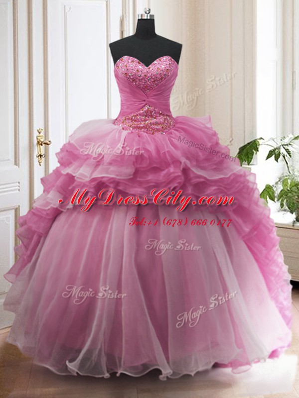 Sweetheart Sleeveless Ball Gown Prom Dress With Train Sweep Train Beading and Ruffled Layers Rose Pink Organza