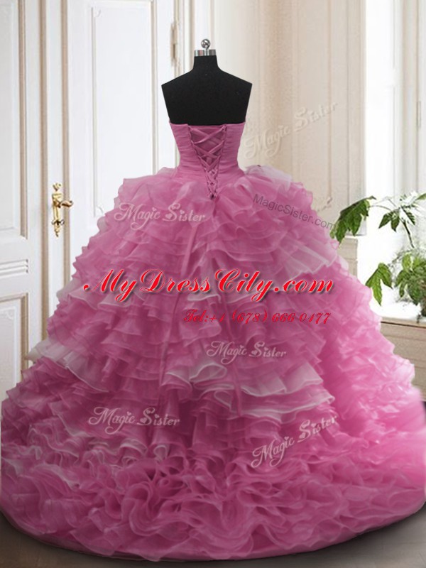 Sweetheart Sleeveless Ball Gown Prom Dress With Train Sweep Train Beading and Ruffled Layers Rose Pink Organza