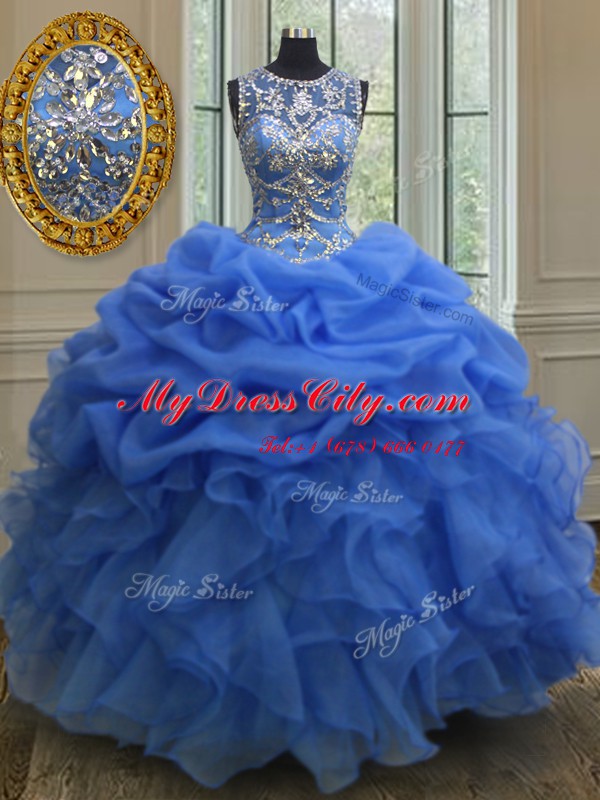 Scoop Blue Organza Lace Up Quince Ball Gowns Sleeveless Floor Length Beading and Ruffles