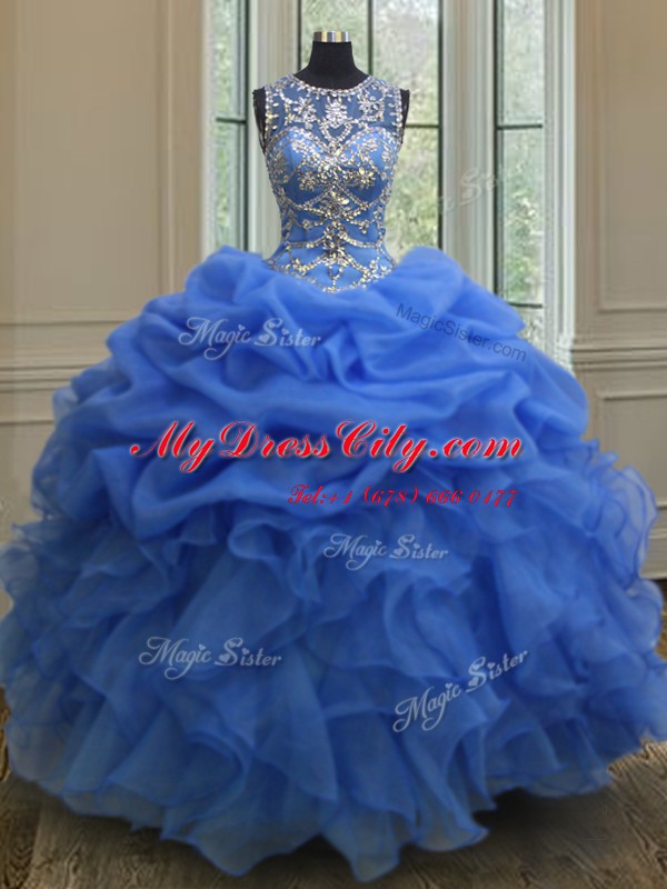 Scoop Blue Organza Lace Up Quince Ball Gowns Sleeveless Floor Length Beading and Ruffles