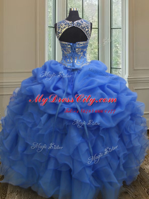 Scoop Blue Organza Lace Up Quince Ball Gowns Sleeveless Floor Length Beading and Ruffles