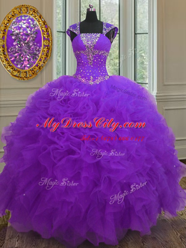 New Arrival Straps Purple Lace Up Quinceanera Dress Beading and Ruffles and Sequins Cap Sleeves Floor Length