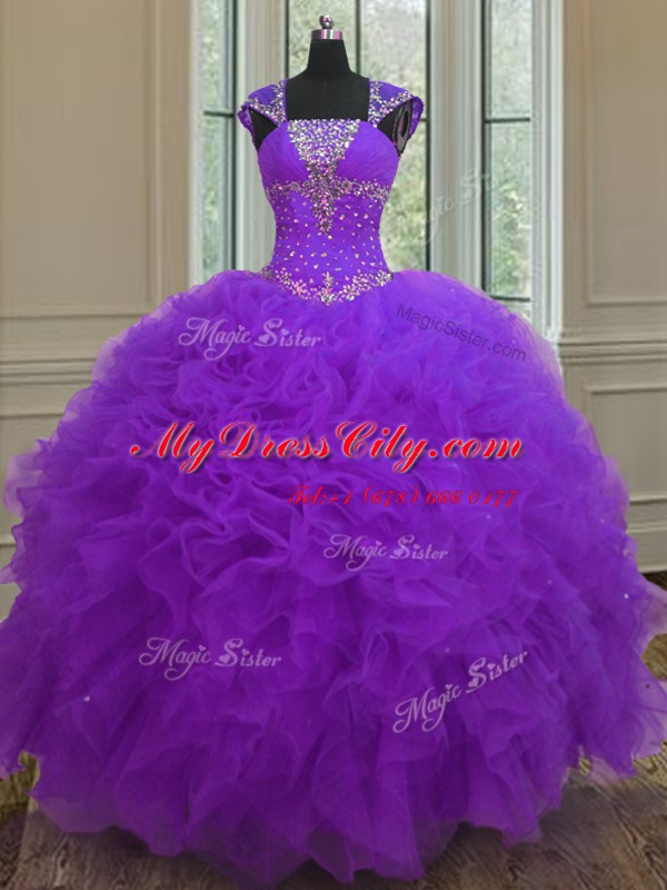 New Arrival Straps Purple Lace Up Quinceanera Dress Beading and Ruffles and Sequins Cap Sleeves Floor Length