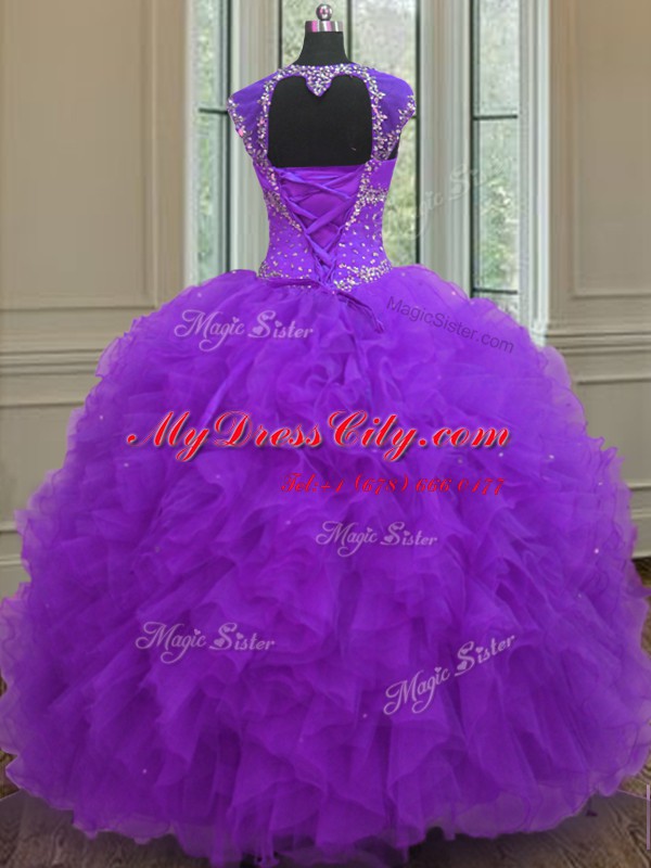 New Arrival Straps Purple Lace Up Quinceanera Dress Beading and Ruffles and Sequins Cap Sleeves Floor Length