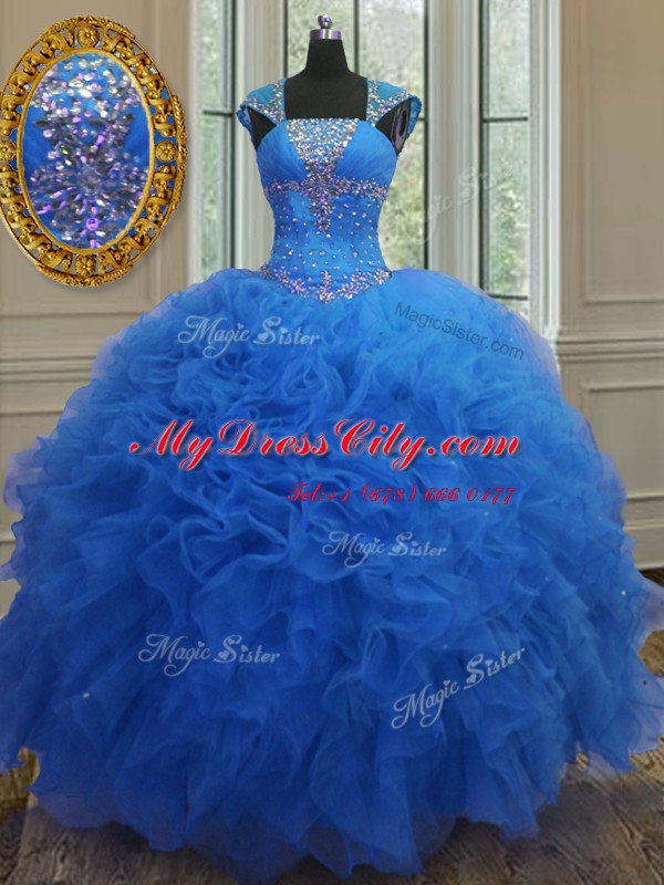 Customized Organza Sweetheart Cap Sleeves Lace Up Beading and Ruffles and Sequins Ball Gown Prom Dress in Royal Blue