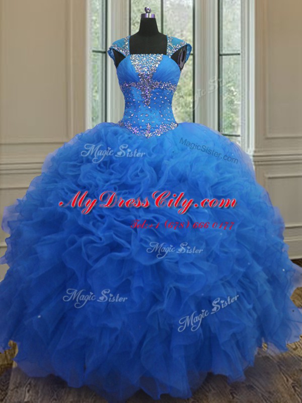 Customized Organza Sweetheart Cap Sleeves Lace Up Beading and Ruffles and Sequins Ball Gown Prom Dress in Royal Blue