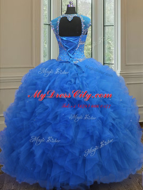 Customized Organza Sweetheart Cap Sleeves Lace Up Beading and Ruffles and Sequins Ball Gown Prom Dress in Royal Blue