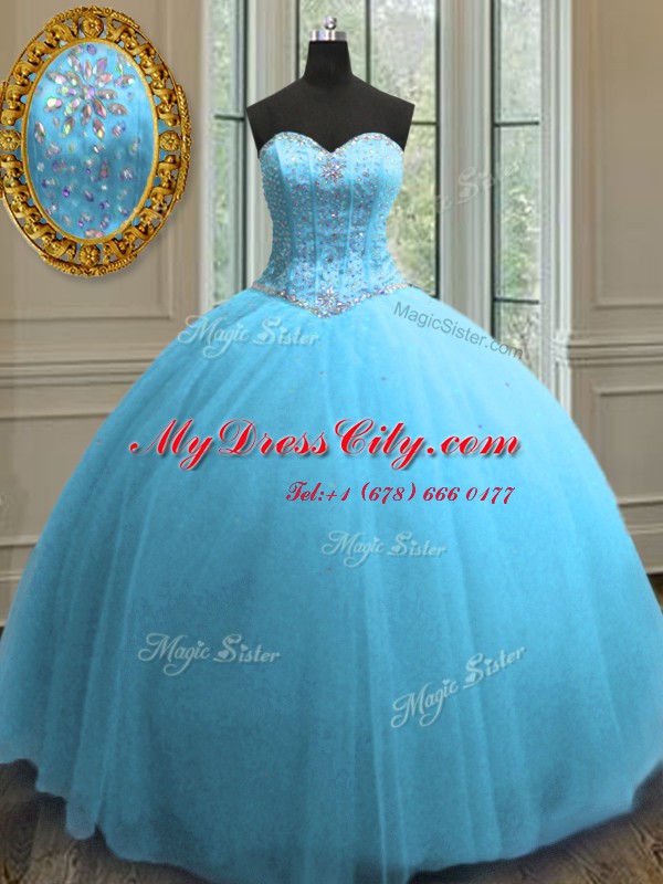 Dynamic Floor Length Lace Up Quinceanera Gowns Baby Blue for Military Ball and Sweet 16 and Quinceanera with Beading and Sequins