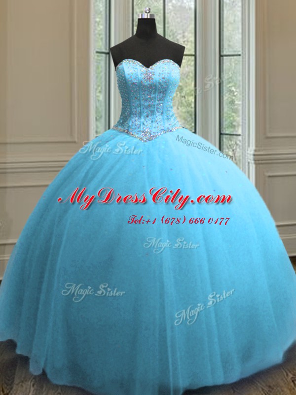 Dynamic Floor Length Lace Up Quinceanera Gowns Baby Blue for Military Ball and Sweet 16 and Quinceanera with Beading and Sequins