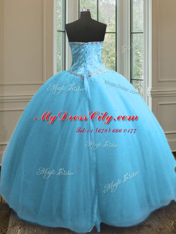 Dynamic Floor Length Lace Up Quinceanera Gowns Baby Blue for Military Ball and Sweet 16 and Quinceanera with Beading and Sequins