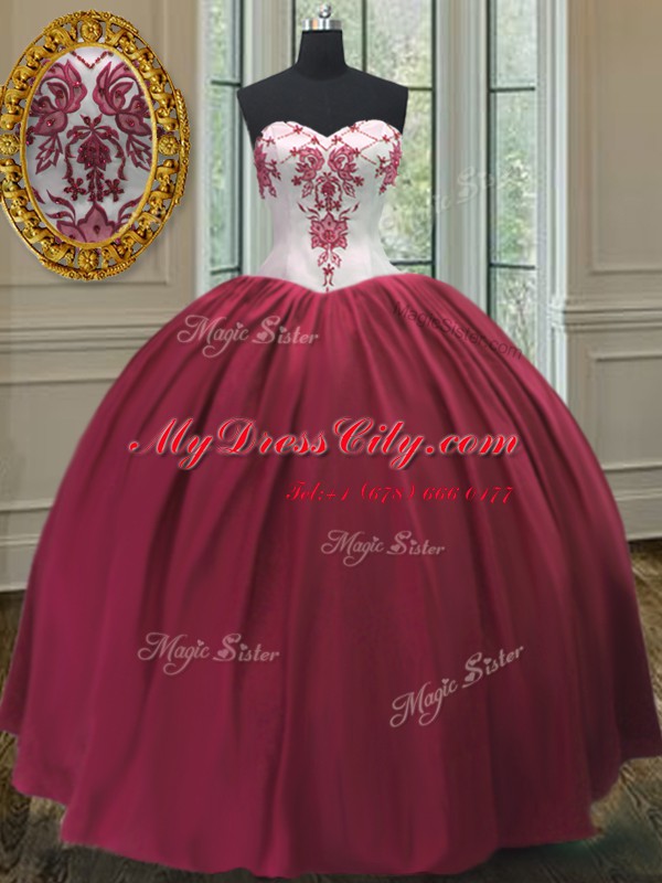 Sweetheart Sleeveless 15 Quinceanera Dress Floor Length Embroidery Burgundy Taffeta