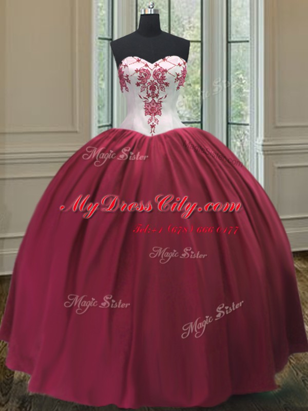 Sweetheart Sleeveless 15 Quinceanera Dress Floor Length Embroidery Burgundy Taffeta