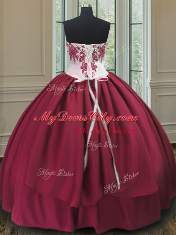 Sweetheart Sleeveless 15 Quinceanera Dress Floor Length Embroidery Burgundy Taffeta