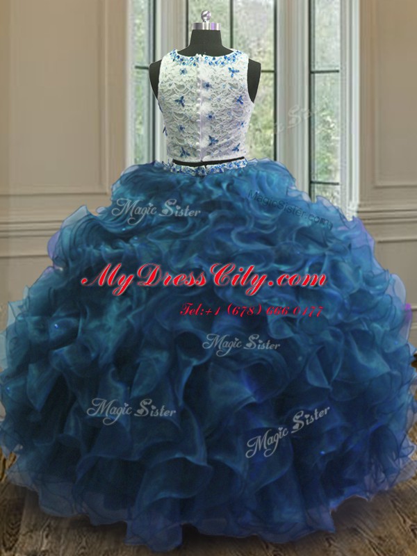 Admirable Scoop Blue Sleeveless Organza Clasp Handle 15 Quinceanera Dress for Military Ball and Sweet 16 and Quinceanera