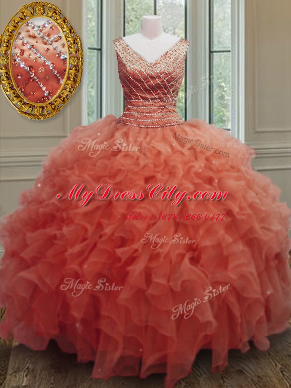 Clearance Orange Red Sleeveless Beading and Ruffles Floor Length Quinceanera Dresses