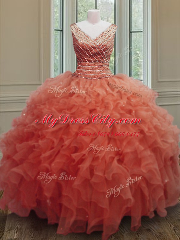 Clearance Orange Red Sleeveless Beading and Ruffles Floor Length Quinceanera Dresses