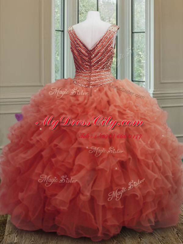 Clearance Orange Red Sleeveless Beading and Ruffles Floor Length Quinceanera Dresses