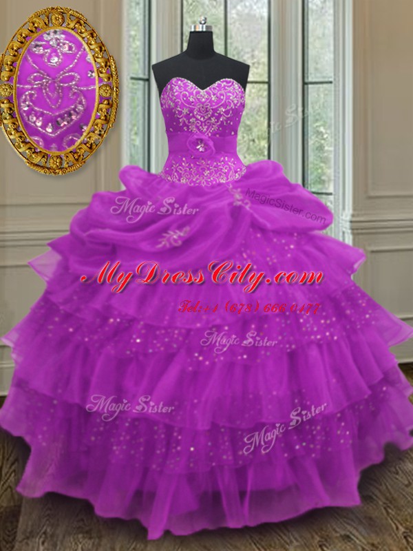 Super Halter Top Purple Sleeveless Floor Length Beading and Ruffled Layers and Pick Ups Lace Up Quinceanera Dress