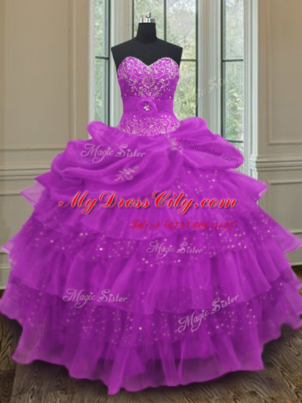 Super Halter Top Purple Sleeveless Floor Length Beading and Ruffled Layers and Pick Ups Lace Up Quinceanera Dress