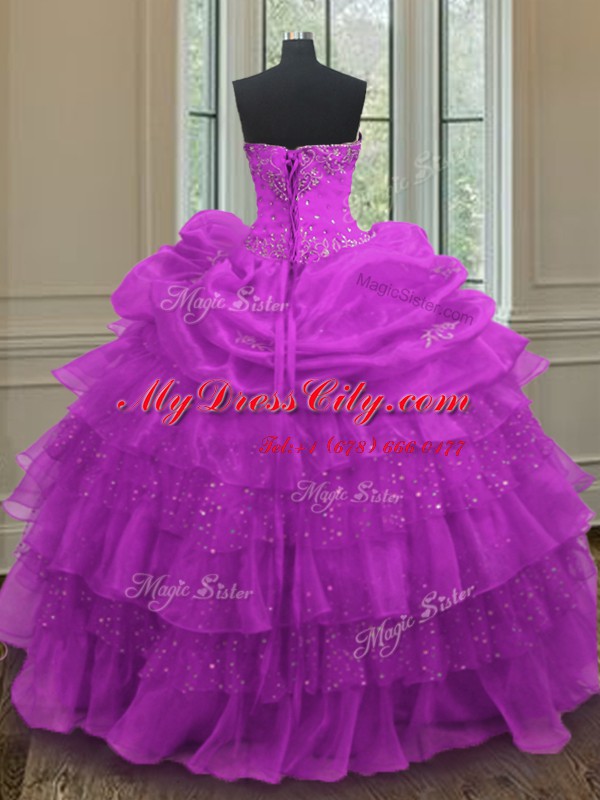 Super Halter Top Purple Sleeveless Floor Length Beading and Ruffled Layers and Pick Ups Lace Up Quinceanera Dress