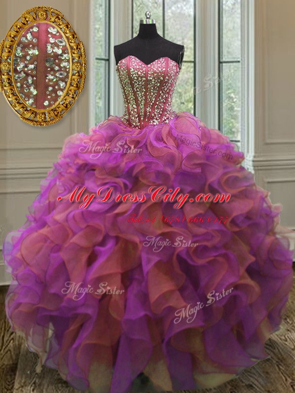 Luxury Beading and Ruffles Quince Ball Gowns Multi-color Lace Up Sleeveless Floor Length