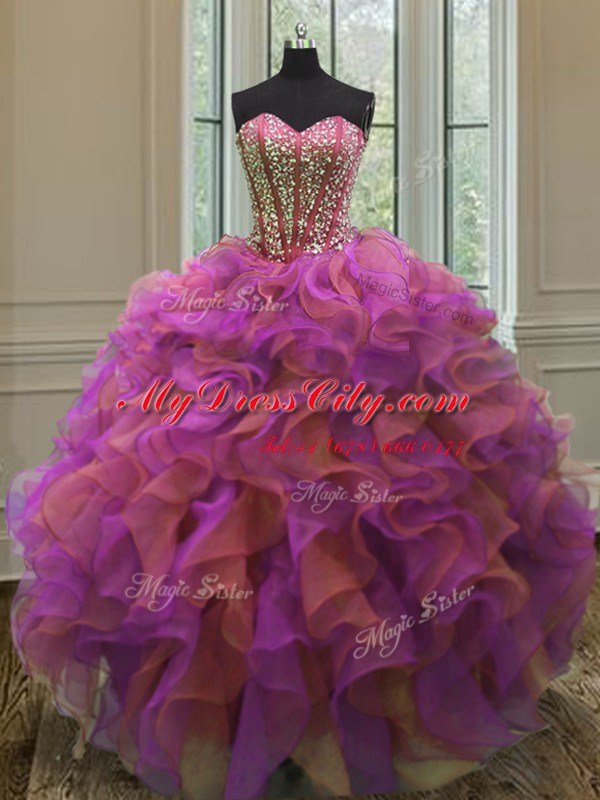 Luxury Beading and Ruffles Quince Ball Gowns Multi-color Lace Up Sleeveless Floor Length