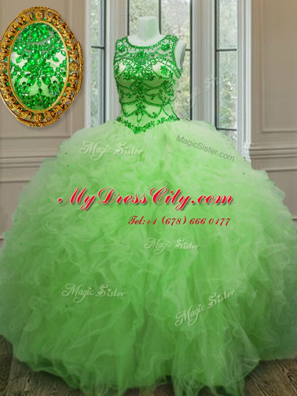 Inexpensive Ball Gowns Scoop Sleeveless Tulle Floor Length Lace Up Beading and Ruffles Quinceanera Gown