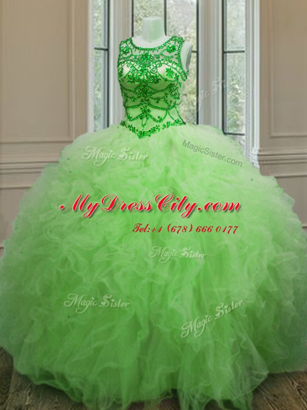 Inexpensive Ball Gowns Scoop Sleeveless Tulle Floor Length Lace Up Beading and Ruffles Quinceanera Gown