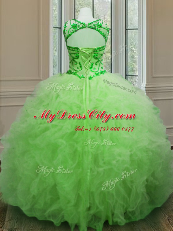 Inexpensive Ball Gowns Scoop Sleeveless Tulle Floor Length Lace Up Beading and Ruffles Quinceanera Gown