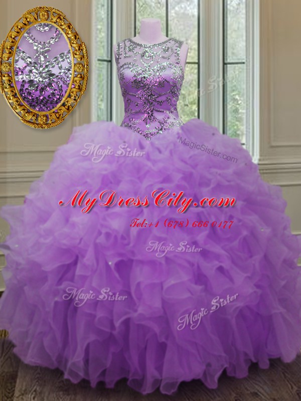 Lilac Organza Lace Up Scoop Sleeveless Floor Length Quinceanera Dress Beading and Ruffles