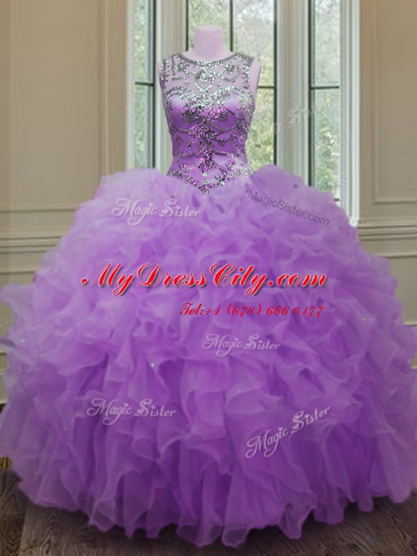 Lilac Organza Lace Up Scoop Sleeveless Floor Length Quinceanera Dress Beading and Ruffles