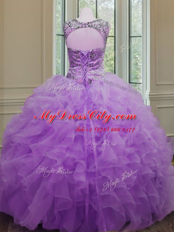 Lilac Organza Lace Up Scoop Sleeveless Floor Length Quinceanera Dress Beading and Ruffles