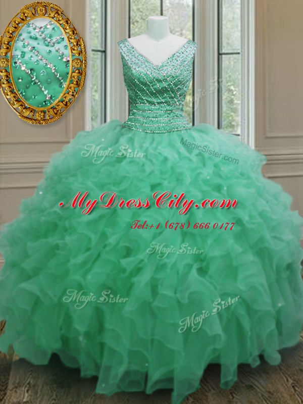 Lovely V-neck Sleeveless 15th Birthday Dress Floor Length Beading and Ruffles Apple Green Organza