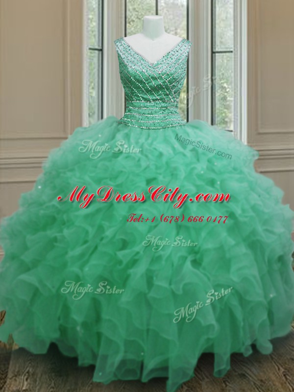 Lovely V-neck Sleeveless 15th Birthday Dress Floor Length Beading and Ruffles Apple Green Organza