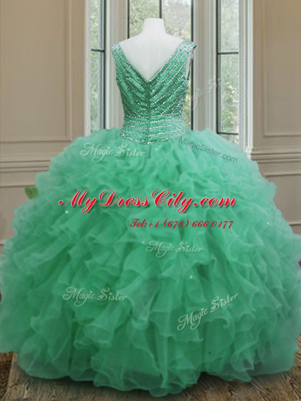 Lovely V-neck Sleeveless 15th Birthday Dress Floor Length Beading and Ruffles Apple Green Organza