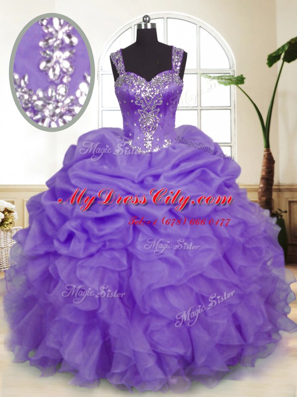 Deluxe Pick Ups Ball Gowns Sweet 16 Dresses Lavender Straps Organza Sleeveless Floor Length Zipper